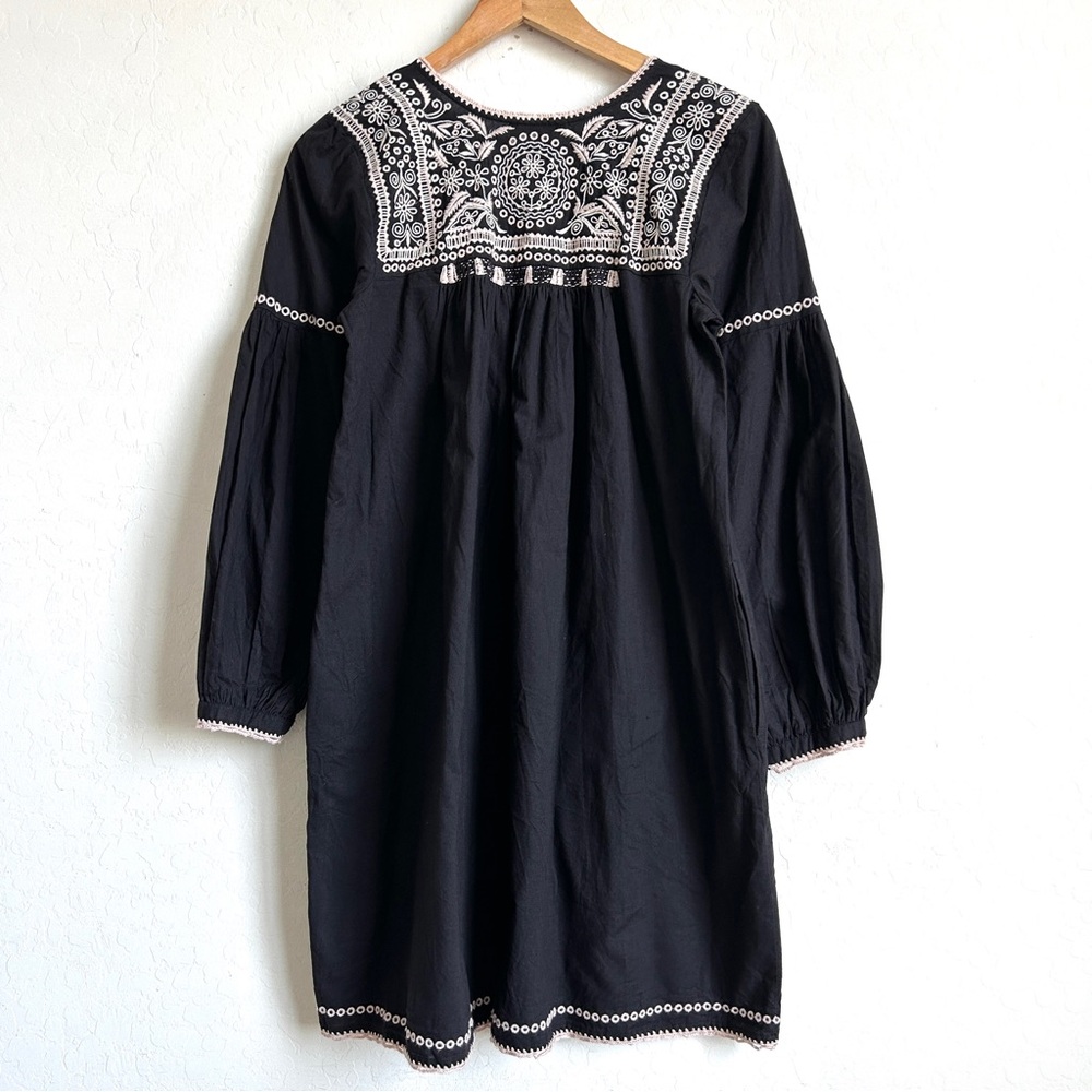 Ulla Johnson Mini Dress 2 Shift Long Sleeves Tasseled Embroidered Mira Black - Picture 6 of 11